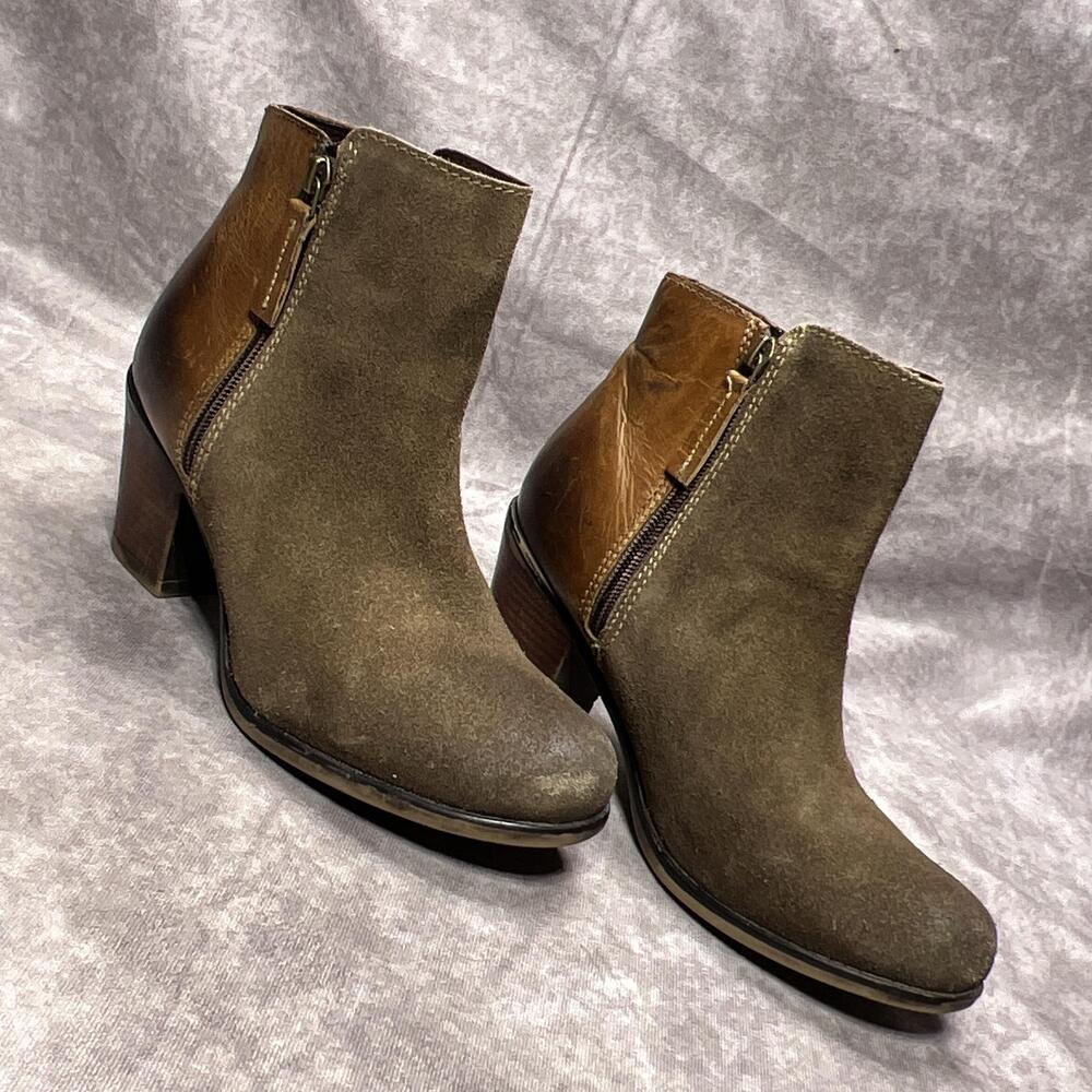 Roan Lina Boots Womens 7.5 Brown Leather Ankle Side Zip Block Heel Casual